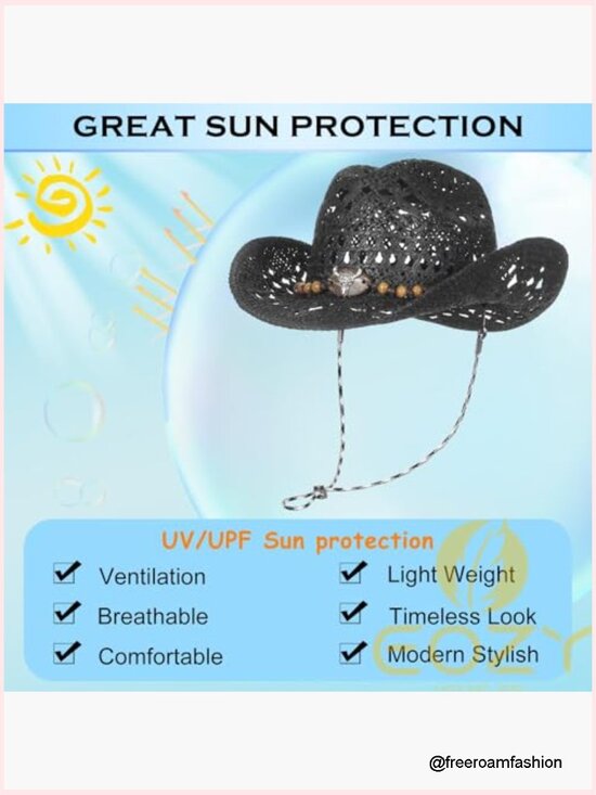 Paper Straw Cowboy Hat with Chin Strap Wide Brim Summer Beach Sun Hat main image 5